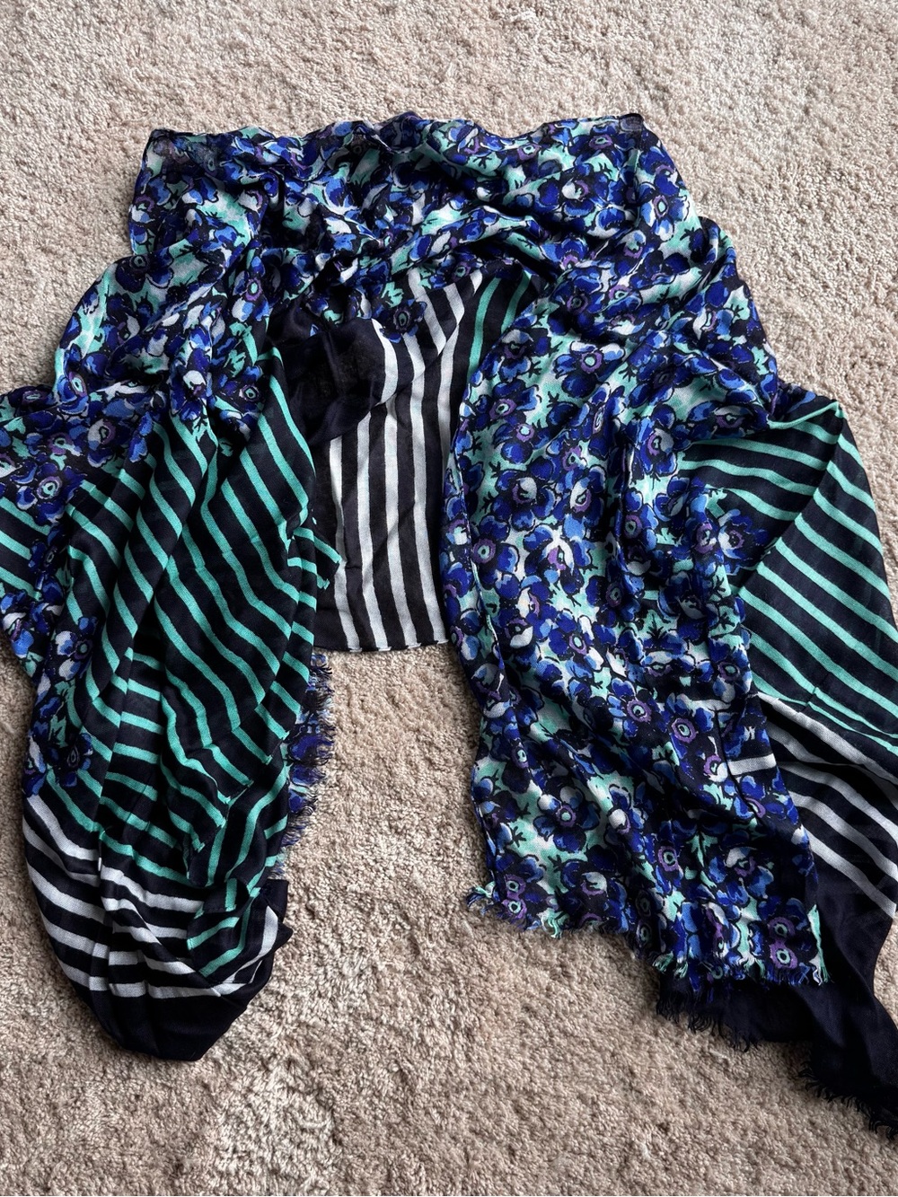 Chicos Lightweight Floral & Stripe Blue Scarf